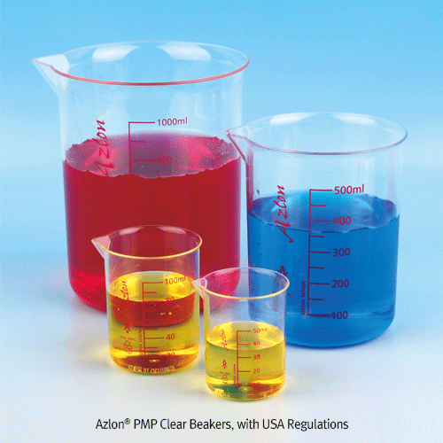 Azlon® PMP Clear Beakers, with USA Regulations, 25~2000㎖With Red Graduation, Glassy-Clear, 180℃ Stable, ISO 7056 ; PMP 투명 비커, 적색눈금