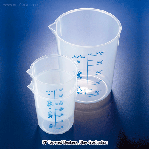 Azlon® PP Beaker, Autoclavable, Precise non Drip Pouring Spouts, 10~2,000㎖With Printed Blue Graduation, ISO 7056 Complied, 125/140℃, 정밀형 PP 비커, 청색 눈금