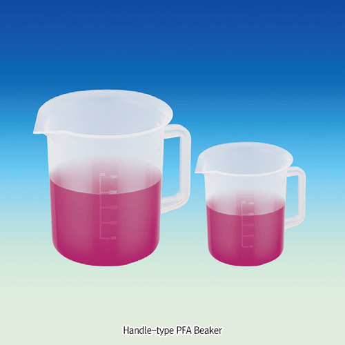 SciLab® Pure PFA Beaker, Smoothly Wide Rim-type, With or Without Handle, Mould-Graduated, 50~1,000㎖Good Transparency, Excellent Heat/Chemical Resistance, -200℃+280℃ Stable, Autoclavable, PFA 투명 Teflon 비커