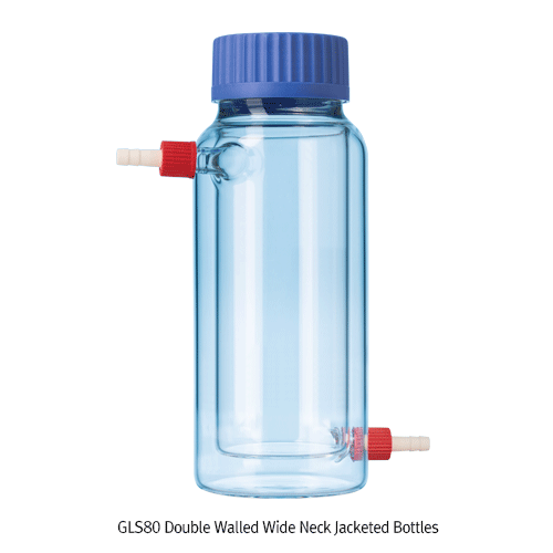 SciLab® GLS80 Double Walled Wide Neck Jacketed Bottle, with 2×GL18 Connector, 500 & 1,000㎖With Graduation & id Φ80mm Screwcap, Ideal for Temp. Controlling, GLS80 이중 자켓 바틀