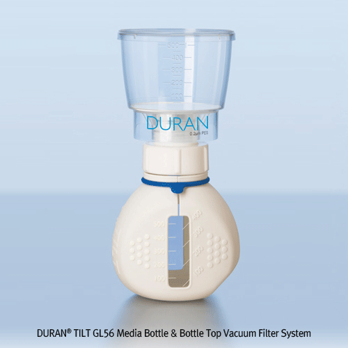 DURAN® TILT GL56 Media Bottle & Bottle Top Vacuum Filter System, Unique 45° TILT Position, 500㎖With White GL56 PP Screwcap, 2-positioned Bottom, Boro-glass 3.3, GL56 틸트 바틀 & 진공 여과장치