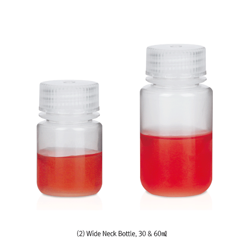 4~60㎖ PP Mini Lab Bottle, Narrow-& Wide-Neck, Excellent for Sealing with Inner ThreadExcellent Chemical / Heat Resistant, Translucent, 125/140℃ Stable, Autoclavable, PP 미니바틀