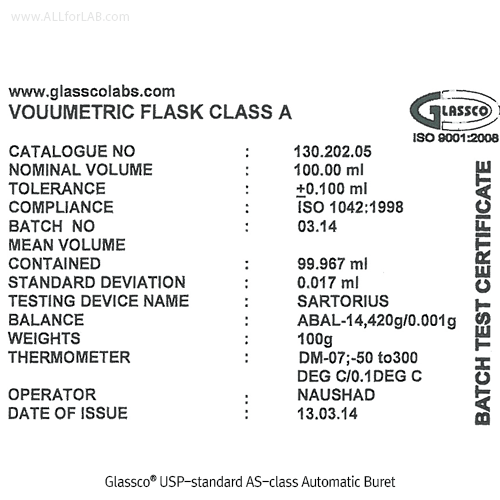 Glassco® USP-standard AS-class Automatic Buret, with Batch Certificate, 25 & 50㎖With PTFE Intermediate-stopcock & 2Lit Bottle, <India-made>, USP표준 AS급 자동뷰렛, 중간코크부착형