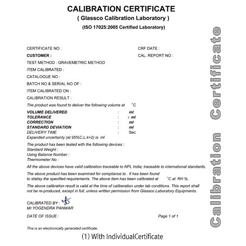Glassco® USP Standard Blue Schellbach Stripe AS-Class Buret, 10~50㎖With Individual Work- or Batch- Certificate, with PTFE Plug, <India-made>, USP 표준 PTFE Plug 뷰렛