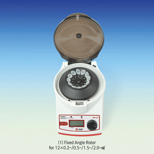 SciLab® High Performance Pro-microcentrifuge Set “WiseSpin® SCF-10”, Max. 13,500rpm, Medicaluse approvedWith MC Nylon Fixed Angle Rotor for 12×0.2-/0.5-/1.5-/2.0-㎖ Tubes, Compact, Quiet, Safety Electronic Lid Lock System프로-마이크로 원심분리기, 전자식 안전 도어 잠금 시스템, 앵글