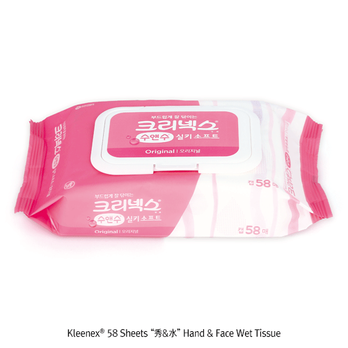 kleenex® 58 Sheets “수앤수” Hand & Face Wet Tissue, Dispenser Bag-typeWith On-Off Cap, 99% Pure Water, 150×200mm, 58매 손·얼굴용 항균 물티슈