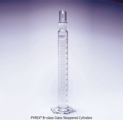PYREX® B-class Glass Stoppered Cylinders, with Hexagonal Base, 50~2,000㎖With White Enamel Graduation, Borosilicate Glass 3.3, 유리스토퍼 실린더