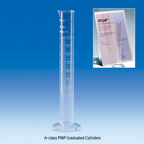VITLAB® A-class PMP Red Printed- & Raised- Graduation Cylinder, with Certificate, Crystal-clear, 10~2,000㎖ With Ring Marks, DE-M marked, 0℃~150℃, Autoclavable, [Germany-made], 투명 PMP실린더, A-급 보증서 포함