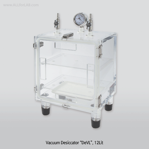 SciLab® 7~48Lit Vacuum PMMA Desiccator, Clear, with Press-GaugeWith Digital Thermo-Hygrometer, Approx - 1 Torr / 133Pa, 진공 데시케이터