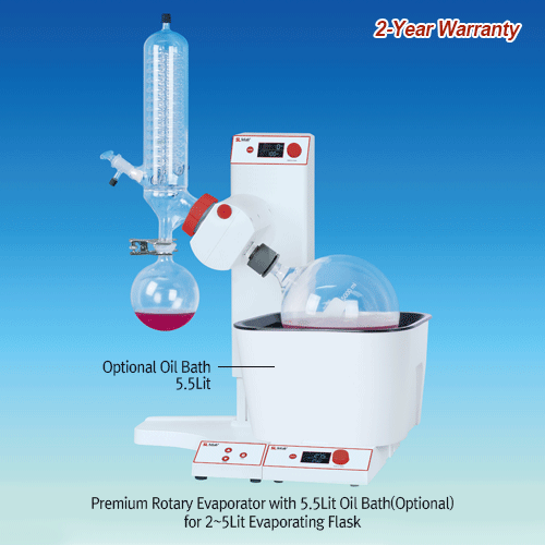 SciLab® 0.1~5Lit Premium Rotary Vacuum Evaporator “SEva-05”, Vertical-type, 195mm Auto LiftingWith 2.5Lit Heating Bath(Option 5.5Lit Bath), Up to 200℃, Cooling Surface 1,600cm2, 10-Step Immersion Angle 1º~50ºand Automatic Reverse Rotation Function ; Clock