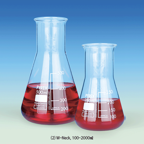 Pyrex® Premium Glass Erlenmeyer Flasks, Narrow- & Wide-neck, DIN/ISO, 5~5,000㎖Made of Borosilicate Glass 3.3, Autoclavable, with Graduation, 프리미엄 표준형 삼각 플라스크