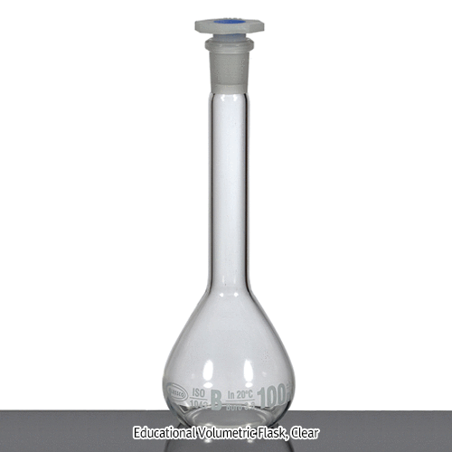 Glassco® Educational Volumetric Flask, Clear & Amber, B-class, Boro-glass 3.3, 5~2,000㎖With White Graduation & PP Stopper, DIN ISO 1042, 교육용 메스플라스크, B급