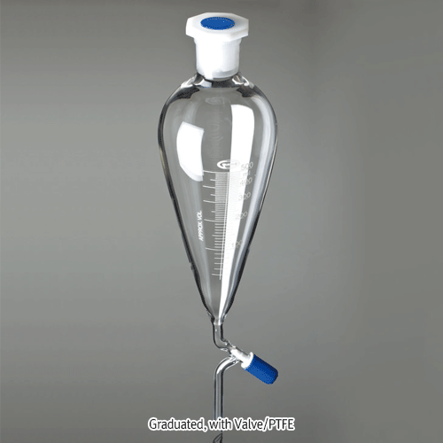 Fine-Squibb Graduated Separatory Funnel, with PE Stopper, 50~2,000㎖With PTFE-Plug or-Needle Valve, Borosilicate Glass 3.3, Autoclavable, 눈금부/정밀형 “스퀴브” 분액깔때기