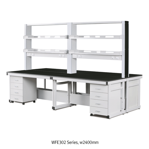 SciLab® Laboratory Assembly Center Table, High Quality Steel-Frame & -Side Panel·Phenol Work Top·Stainless-steel Bolted JointWith Transfer Cabinet, Utility Box, 실험실용 조립식 중앙 실험대, 고품질 스틸 프레임, 내열성/내충격성/내화학성 페놀 상판, 볼트식 결합