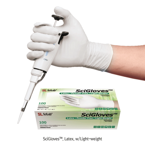 SciGlovesTM Light-weight Latex Exam Glove, Powder Free, Textured, L240mmWith Light-Weight, Premium Grade AQL 1.5, Light-weight 라텍스 실험장갑, 엠보싱 처리
