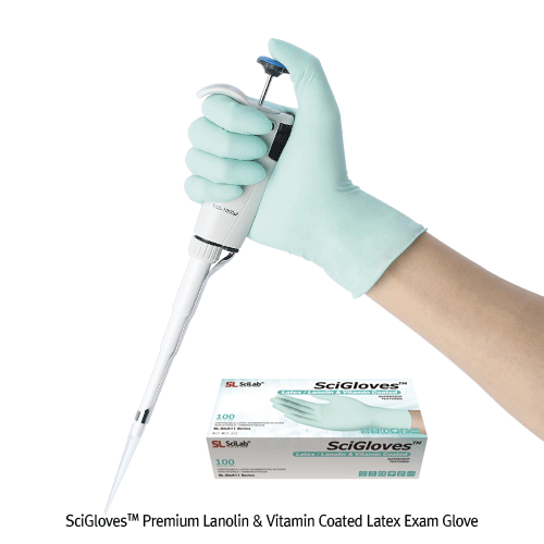 SciGlovesTM Premium Lanolin & Vitamin Coated Latex Exam Glove, Lano-ETM, Textured, L240mmWith Moisturising Inner Coating, Premium Grade, 라놀린 & 비타민 코팅 라텍스 실험장갑, 피부보호용