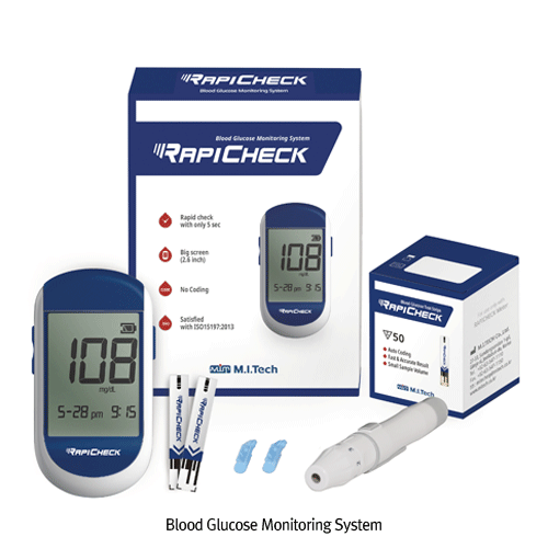 M.I.Tech® Blood Glucose Monitoring System “RAPICHECK & STRIP”, MedicaluseHigh Accuracy, Ergonomic Design, Code-free, 20~600mg/dL, Test Time 5sec, 0.5㎕ Blood Sample, 혈당측정기 세트, 채혈침 포함
