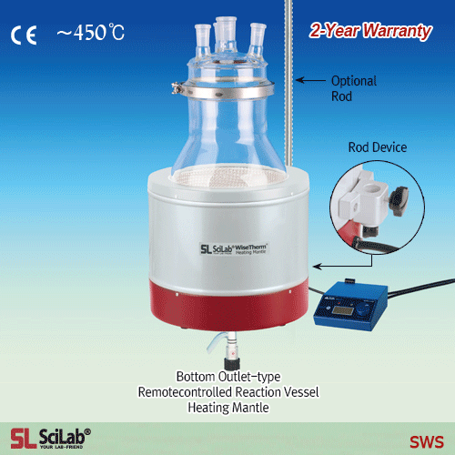 SciLab® Remotecontrolled Reaction Vessel Heating Mantle, (1) Plain Bottom & (2) Bottom Outlet-type, 450℃, 100㎖~100LitWith Nickel Chrome Heating Element, K-type Thermo-Sensor Integrated, with Certi. & Traceability, Option-Controller반응조용 히팅맨틀, K-type 온도센서, 