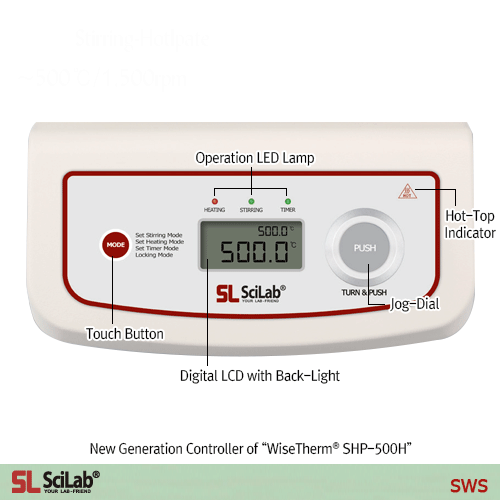 SciLab® 500℃ Premium High-Temp Hotplate “WiseTherm® SHP-500H”, Solid Ceramic Glass Plate, 200×200mmWith Large LCD, Optimum Insulation Layer, Accurate Temp Control, Touch-button Controller, Hot-Top Indicator, Max. 500℃, Accu. ±0.3℃고온용 디지털 가열판, PID 온도 제어, 최