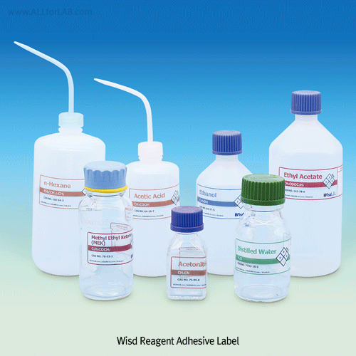 Wisd Reagent Adhesive Label, for Wash- or Reagent- Bottle, Transparent, with 4 Colors, L125×h45mmWith White Marking Area, Printed Reagent Names & Molecular Formula & CAS Number and NFPA, 투명 시약명 접착라벨