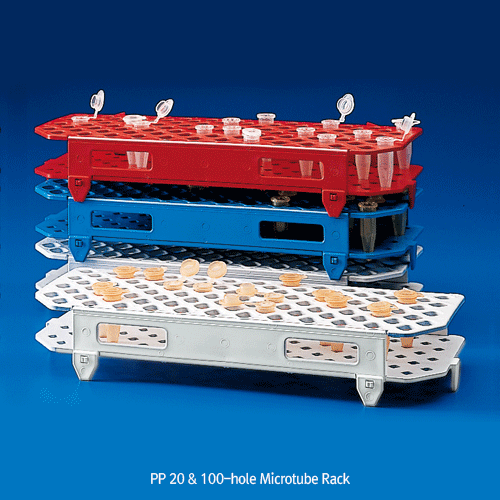 Kartell® PP 20 & 100-hole Microtube Rack, for 0.5~1.5/2㎖ Tubes, AutoclavableWith Numbered Holes (20-holes) and Alpha-Numeric (100-holes), -10℃+125/140℃