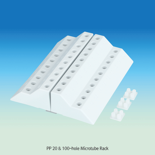 Kartell® PP 20 & 100-hole Microtube Rack, for 0.5~1.5/2㎖ Tubes, AutoclavableWith Numbered Holes (20-holes) and Alpha-Numeric (100-holes), -10℃+125/140℃