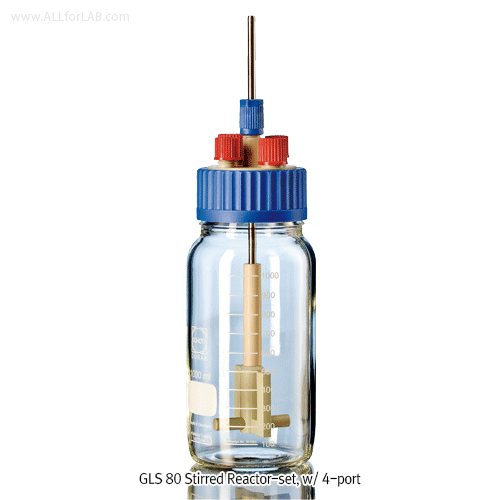 DURAN® Stirred Bottle Reactor-set, GL45/GLS 80, with Mag-Stir Shaft/Impeller and 2 & 4-Ports, 500~2,000㎖Ideal for Small Volume Mixing/Reaction, Up to 140℃, 500rpm Autoclavable, FDA, 자력교반기용 바틀형 반응조