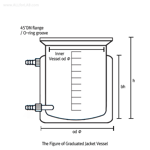 Graduated 250 ~ 20,000㎖ Jacketed Vacuum/Pressure Vessel, with 45°DN-flange/O-ring GrooveWith Perfect Compatibility, DURAN-glass/GL18-PTFE Connected, 0.5~2.5 bar, 눈금부 자켓 베셀