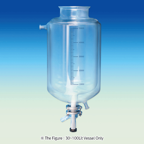 0.25 ~ 100 Lit Drain valved?Jacketed?Graduated Vacuum / Pressure Vessel, with 45°DN-flange/O-ring GrooveWith Perfect Compatibility, DURAN-glass, PTFE-valved/-GL connect, 0.5~2.5 bar, 자켓 밸브형 눈금부 진공 / 압력 베셀