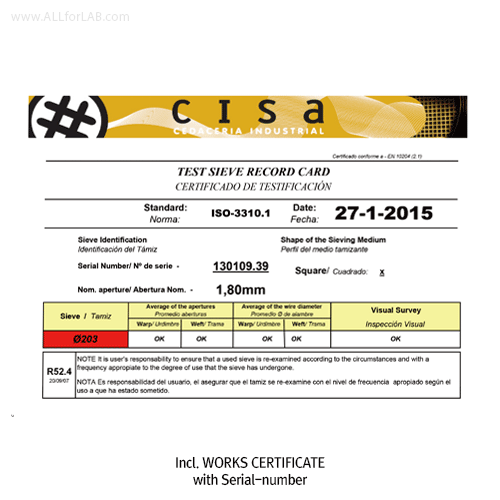 CISA® Φ203×h50mm Certified All Stainless-steel Standard Test Sieve, with WORKS CERTIFICATE & Wire Mesh-holes(■)With Serial-number, Multi-Use/-Function, ASTM/ISO Standard Best Seller!, 정밀 표준망체, 개별“ 보증서” 포함