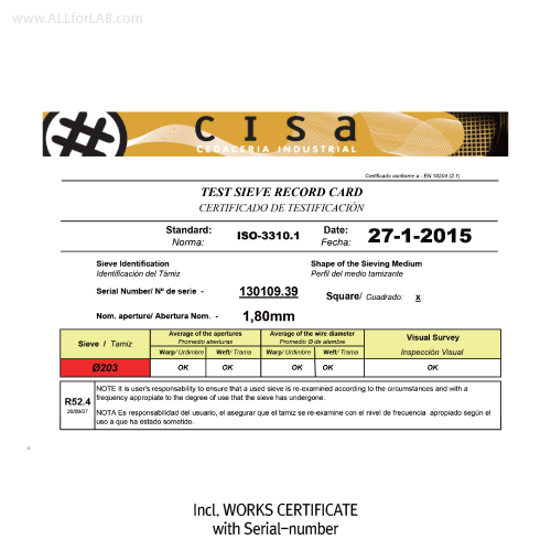 CISA® Φ203×h50mm Certified All Stainless-steel Test Sieve, with WORKS CERTIFICATE & Φ 0.5~10mm(●) Round-holesWith Serial-number, Multi-Use/-Function, 정밀 표준망체, 개별“ 보증서” 포함