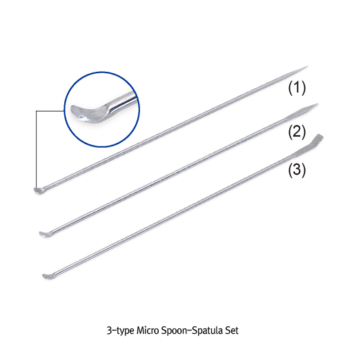 3-type Micro Spoon-Spatula Set, with (1)Needle-/(2)Sharp-/(3)Bented-Spatula type, L220mmMade of Stainless-steel, Rustless, Polished, 3-type 마이크로 스푼-스패츌러