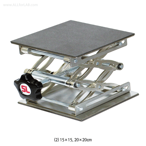 SciLab® Stainless-steel Lab·Lift·Support-Jack, Adjustable Height, up to 15~40cm With Square Stainless-steel Plate, Mini- / Standard- / Heavy duty-type, 스테인레스 써포트 잭·랩-잭·리프트 잭, 높이조절식