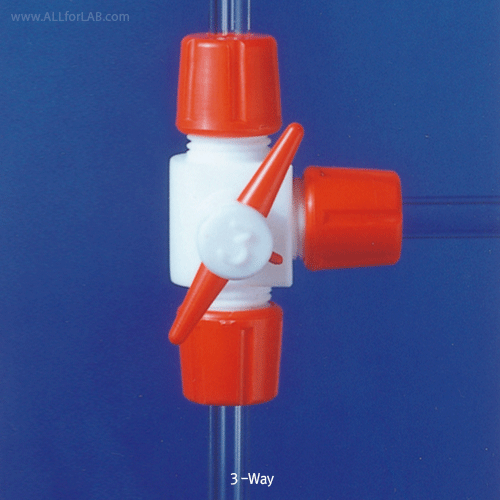 Cowie® PTFE Stopcock, Single- & 3-way, Bore-Φ2~4mmWith Boro-glass α3.3 arms, <UK-made>, 1- & 3-웨이 PTFE 콕