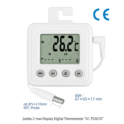 DAIHAN® Jumbo 2-row display Indoor / Outdoor Digital Thermometer, with NTC-Probe & 3m Cable, Max / MinWith Flip Out Stand·Hanging Hole·Magnet for Attachment, -50℃+70℃, 0.1℃ Divi., 실내/외용 디지털 온도계(2열 표시)