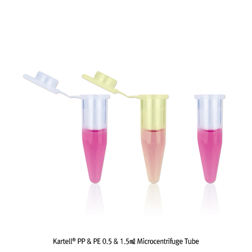 Kartell® PP & PE 0.5 & 1.5㎖ Microcentrifuge Tube, with Snap Cap·Writing Area, -175℃ in GasIdeal for Sample Analysis, Eppendorf & Beckman Types, 11,000 RCF, <Italy-made>, 0.5 & 1.5㎖ Micro 원심관
