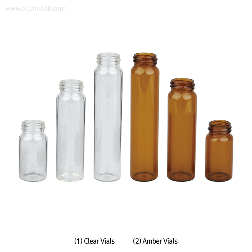 SciLab® 20~60㎖ Sample Vials, Screwcaps and Septa : SeparatelyWith “USP-I” Boro 5.0 Glass, Clear & Amber, Normal-grade, 20~60㎖ 샘플 바이알, 캡 and 셉타가 각각 별도로 공급됨