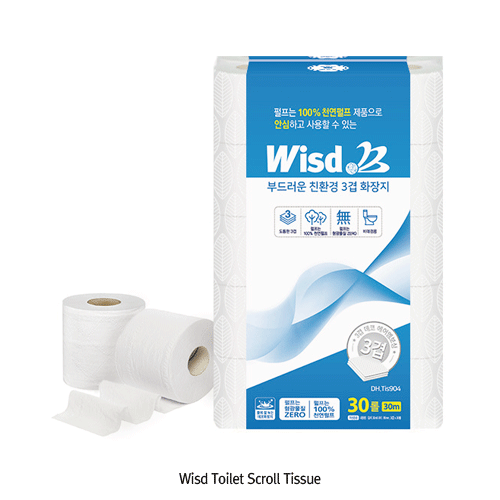 Wisd Toilet Scroll Tissue, 3-Layer, Strong & Absorbent, 30Roll, 95mm×L30mEmbossing Texture, Soft, Non-Fluorescence/-Toxic, 100% Natural Pulp, 두루마리 화장지, 비데겸용, 3겹