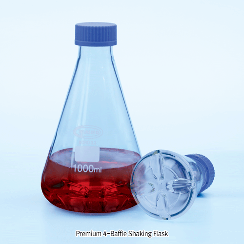 Premium 4-Baffle Shaking Flask, with GL45 Membrane Filtered Screwcap, Boro-glass 3.3, 250~2,000㎖ Ideal for Preparing Cell Culture, Autoclavable, 멤브레인 캡부 쉐이킹 플라스크