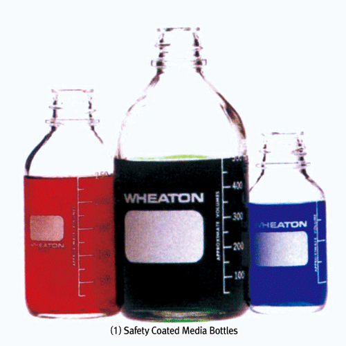 Wheaton® Safety Coated Media-Bottles & Caps, Separately, 125~500 ml, Autoclavable<br>안전 코팅 메디아-바틀, 파손 방지용 안전병, 병 / 캡은 별도임, ASTM/FDA/USP, with Graduation, Freezing(-30℃) 가능