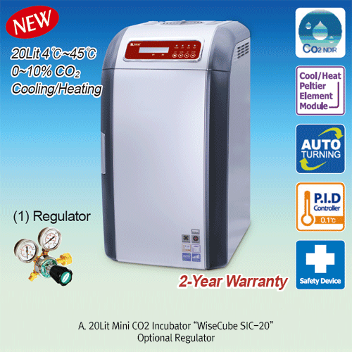 SciLab® 20Lit Mini CO2 Incubator & CO2 Shaking Incubator “WiseCube® SIC-20 & SICS-20”, 4℃~45℃ & 0~10% CO2Programmable PID Controlled 0.1℃ & 0.1%, Compact Design for Saving Space/Money, Ideal for Cell/Tissue CultureWith Cooling/Heating system of Peltier El