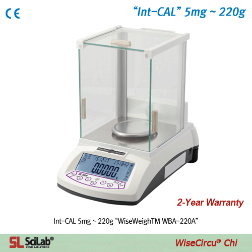SciLab® [d] 0.1mg, max.220g Standard Analytical Balance “WiseWeighTM”, Ext-CAL “WBA-220”, Int-CAL “WBA-220A” with Glass Draft Shield, Backlit LCD, Counting Function, Various Weight Mode, Φ80 / 90mm Weighing Plate “Ext-CAL 외부 보정형” & “Int-CAL 자동 보정형” 표준 분석/
