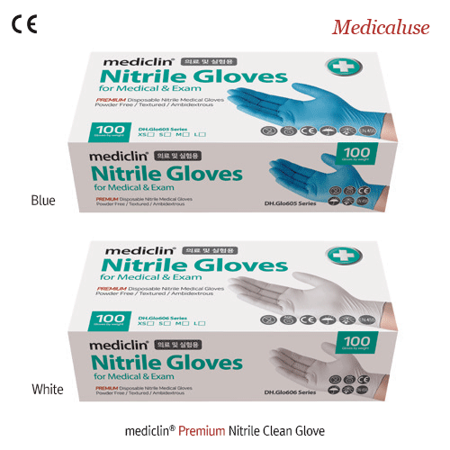 mediclin® Premium Nitrile Clean Glove, for Medical & Exam, L240mm, Medicaluse With Textured, Powder Free, Ambidextrous, Premium Grade AQL 1.5, 니트릴 장갑, 실험·의료용