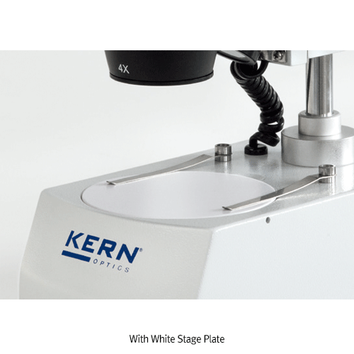 Kern Small Educational Stereomicroscope “OSE-4”, Fixed Eyepieces, Robust & Stable, 20×, 40× <br>With Pillar Style Stand with 0.21 W LED illumination, Frosted Glass/Black-White Stage Plate, 교육용 실체 현미경