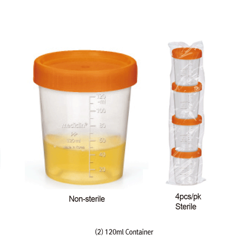 mediclin® 60&120㎖ All-PP Perfect Sealing Specimen Container, with Screwcap & Graduation<br>Ideal for Urine, Medical Sample, etc., Leak-proof, Autoclavable, 눈금부 샘플 컨테이너, 소변 및 의료용 샘플 검사용, 멸균 & 비멸균