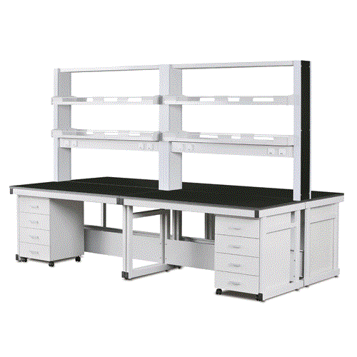 DAIHAN-brand® Laboratory Assembly Center Tables, High Quality Steel-Frame/-Side Panel and Phenol Work Top, SUS Bolted Joint with Transfer Cabinet, Utility Box, 실험실용 조립식 중앙 실험대, 고품질 스틸 프레임, 내화학성 페놀 상판, 볼트 조임식 결합