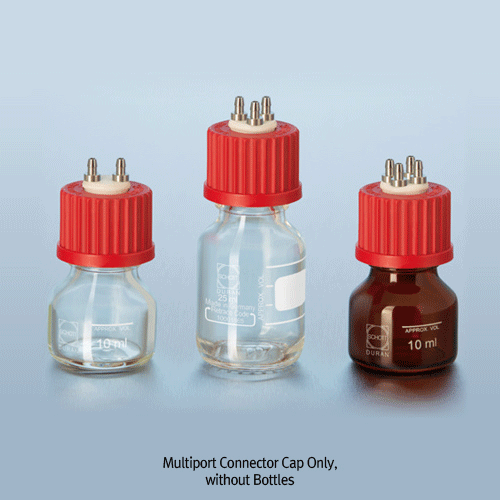 DURAN® Mini GL25 2-/3-/4-port Connector Caps and 10 & 25㎖ Bottles, with PTFE Insert and Stainless Steel Barbs Connection with id. Φ3.2mm Flexible Tubing, up to 180℃, Autoclavable, GL25 멀티포트 컨넥터 캡 & 바틀