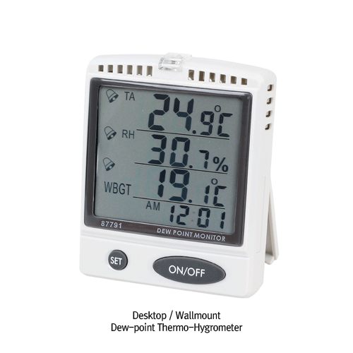 DAIHAN-brand® Desktop / Wallmount Dew-point Thermo-Hygrometer of Temp / RH% / DP ℃, Max/Min, Hold Programmable Danger Zone, Alarm 65dB, Time Clock, 0~50℃, 20~90% RH, -20+70℃ DP, 탁자 / 벽걸이용 이슬점 온습도계