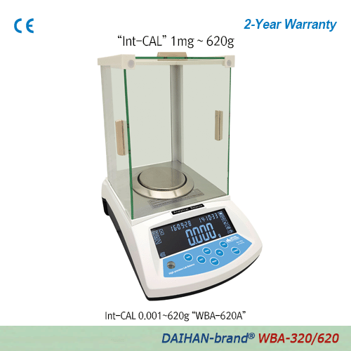 DAIHAN® [d] 1mg, max.320g/620g Calibration Certificated Hi-Precision Lab Balance, Φ90 · 110 · 128mm Weighing PlateExt-CAL “WBA-320/620”, Int-CAL “WBA-620A”, with Glass Draft Shield, Super Size Backlit LCD, Counting Function, Various Weight Mode“Ext-CAL 외부