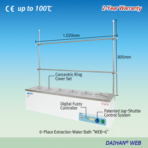 DAIHAN® Extraction Water Bath “WEB” , Multi-purpose, 4·6·8 Place, with Certi. & TraceabilityWith Concentric Ring Cover Sets & Holding Frame, Digital Fuzzy Control, Back Light LCD, up to 100℃, ±0.2℃다용도 추출용 항온수조, 4 · 6 · 8 구, 컨센트릭 링 커버 세트 & 홀딩 프레임 포함